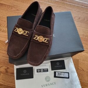 Versace Brown Suede Loafers with Gold Medallion